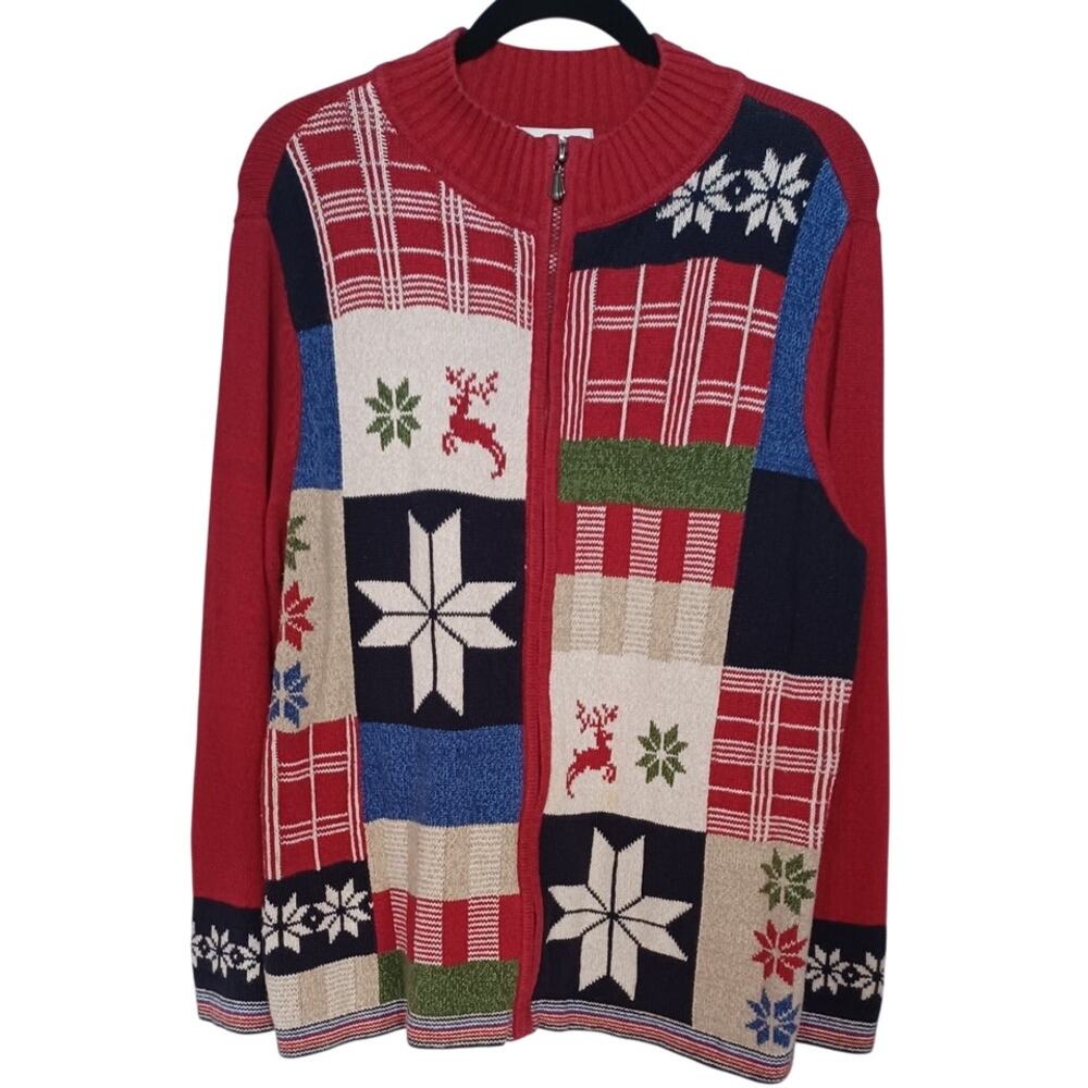 VTG CJ Banks 1X Women's Christmas Patchwork Zip Up Cardigan Sweater Cottagecore